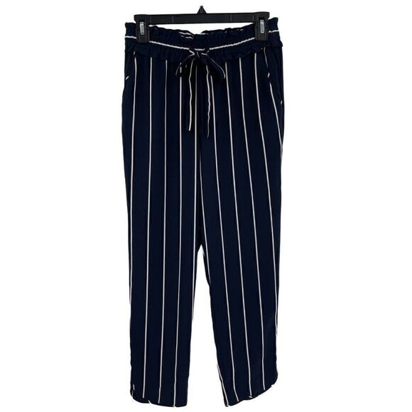 Zara Trafaluc Relaxed Tapered Leg Vertical Stripe Crop Pants Tie Waist Navy XS - Picture 1 of 10